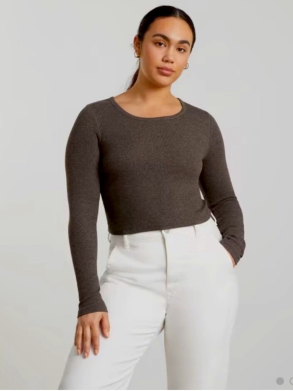 Everlane Women's Pima Micro-Rib Scoop-Neck Long Sleeve Crop Top